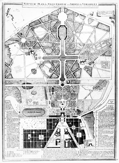 En ny plan för staden, slottet och trädgårdarna i Versailles, 1714 av French School