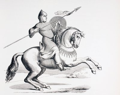 En normansk riddare klädd i ringbrynja och hjälm som bär spjut och sköld, 1873 av French School