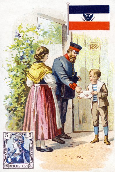 En brevbärare i Tyskland som levererar ett brev, sent 1800-tal av French School