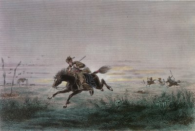 En brevbärare från American Pony Express som attackeras av indianer av French School