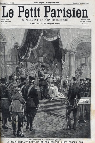 Ett förslag om allmän nedrustning (framställt till de europeiska makterna) - Tsar Nicholas II (1868-1918) läser upp sin reskription för sina rådgivare. Le Petit Parisien av French School
