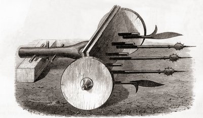 En Ribauldequin, infernalisk maskin- eller orgelpistol, beväpnad med små kanoner och gäddor, från Les Merveilles de la Science, publicerad ca 1870 (gravyr) av French School