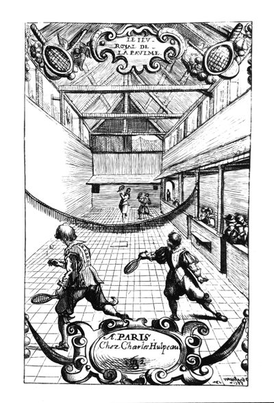 Ett kungligt tennisspel i Jeu de Paume, Versailles, utgiven av Charles Hulpeau av French School
