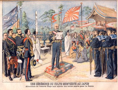 En Shinto-ceremoni i Japan. Amiral Togo talar om andarna hos japanska hjältar som dödades i det rysk-japanska kriget. En ceremoni för shintoistisk dyrkan i Japan. Anförande av amiral Togo (Togo Heihachiro av French School