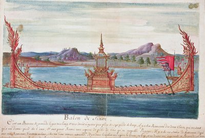 En siamesisk paradbåt, från en redogörelse för jesuiterna i Siam, 1688 (wc på papper) av French School