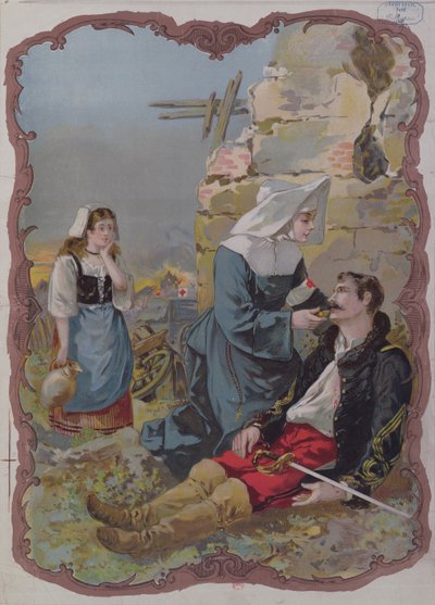 En syster som hjälper en skadad soldat under kriget 1870, 1895 av French School