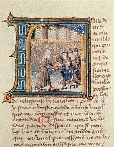 En syster som tar emot gåvor från patienter, från Le Livre de Vie Active de lHotel Dieu de Paris av Jean Henry, ca 1482 av French School