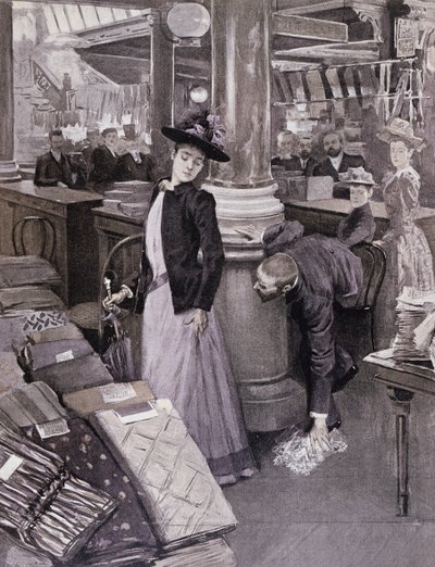 En tjuv i ett varuhus i Paris, illustration från Paradis des Dames, c.1895 av French School