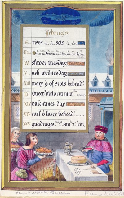 Ett viktorianskt kalenderblad för februari med en illustration från Anne de Bretagnes timbok (1488-1514) av French School