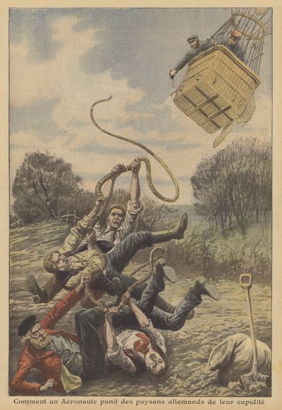 En ballongfarare som straffar tyska bönder för deras girighet (färg litho) av French School