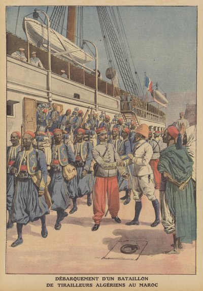 En bataljon algeriska tiraillörer går i land från ett fartyg i Casablanca, Marocko (färg litho) av French School