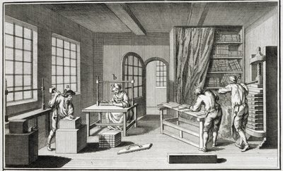 En bookmakerworkshop, från Encyclopedie des Sciences et Metiers av Denis Diderot (1713-84) publicerad ca 1770 av French School