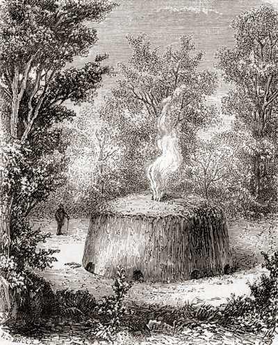 En kolugn i skogen, efter en teckning från 1800-talet, från Les Merveilles de la Science, publicerad ca 1870 (gravyr) av French School