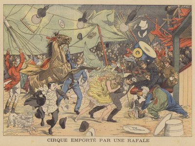 Ett cirkustält som förs bort av en vindpust (färglitografi) av French School