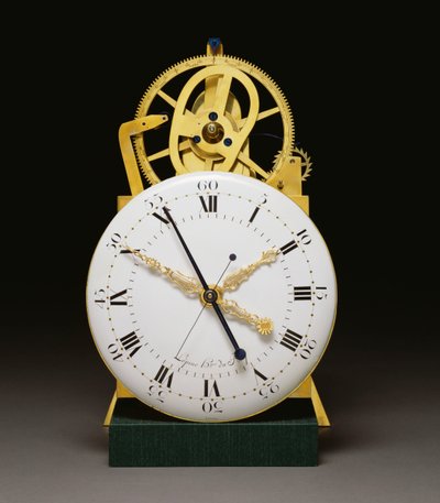 En närbild av urtavlan och rörelsen av en Louis XVI ormolu och patinerad bronsmonterad mahogny långhusregulator med årskalender och tidsekvation, c.1790 av French School