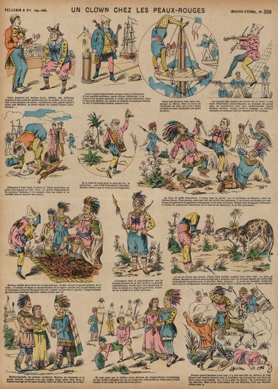 En clown bland indianerna (färgad gravyr) av French School