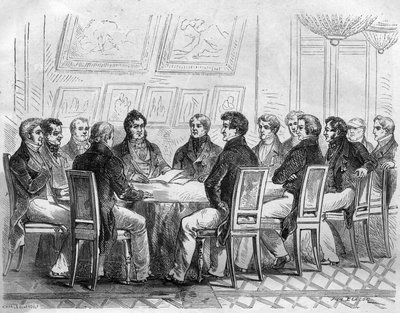 En försoning av deputerade för bourgeoisin vid Palais Royal i Paris under Karl X och restaureringen. Gravyr i "Historien om påvarna-kungarna-drottningarna och kejsarna genom århundradena"" av Maurice Lachatre av French School