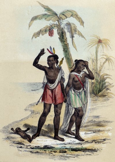 Ett par och en baby på en strand; illustration för markiserna, -i "Les twelve Nations"" av M.E. Fouinet av French School