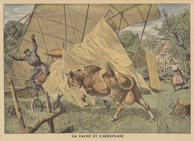 En ko attackerar ett flygplan i den amerikanska mellanvästern (färg litho) av French School