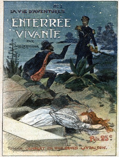 Ett kriminellt vapen med en pistol hotar en lagman som fångade honom medan han vågade begrava en kvinnas kropp. Illustration till "" Living Burial"" av Jules Lermina (1839-1913). En av tidningarna "Life of Adventures". Gravyr i "" Journal des Voyages"" av av French School