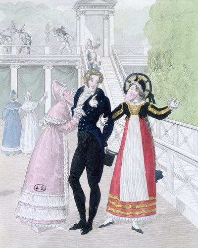 En dandy som uppvaktas av två maskerade kvinnor, från serien Le Bon Genre (handfärgad gravyr) av French School
