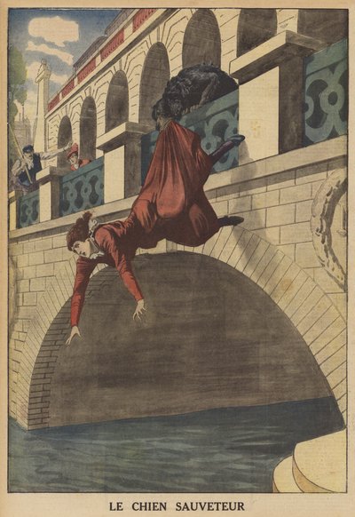 En hund som räddar en kvinna från att falla från en bro (färg litho) av French School