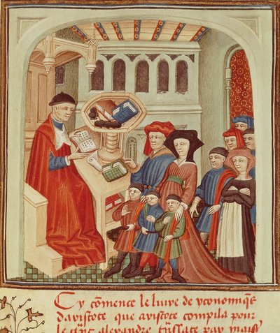 En familj framför en finansman, miniatyr från Ethics, Politics, the Economy av Aristoteles, Frankrike av French School