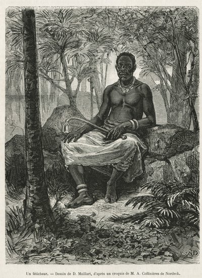 En feticheur, trollkarl som kan använda fetichernas magiska kraft, teckning av D.Maillart, för att illustrera berättelsen om en resa till Gabon och Ogoue-floden, 1875-1877, av Alfred Marche. Gravyr i Le tour du monde av French School