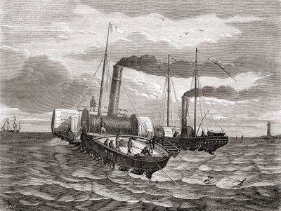 Ett första försök 1850 av John Watkins Bretts Anglo-French Telegraph Company att lägga den första linjen under Engelska kanalen, från Dover till Calais, med hjälp av de ombyggda bogserbåtarna Goliath och Widgeon, från Les Merveilles de la Science, publicer av French School