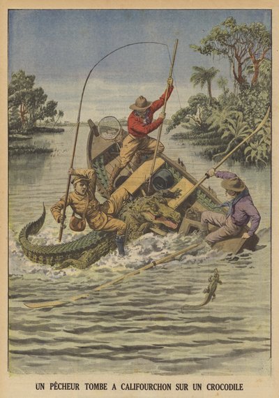 En fiskare faller på en krokodil efter att den kapsejsade hans båt (färg litho) av French School