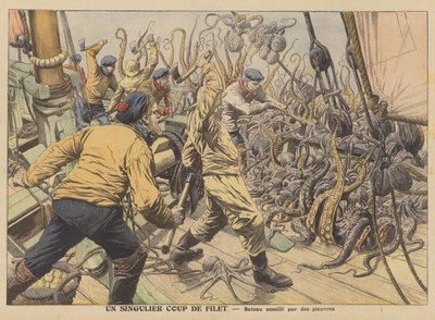 En fiskebåt attackerad av sin fångst av bläckfisk (färg litho) av French School