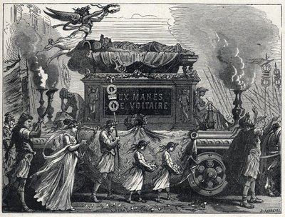 En funebre tank som bär Voltaires kropp (Francois Marie Arouet av French School