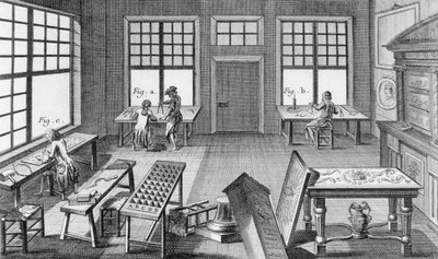 En möbelinläggningsverkstad från Encyclopedie des Sciences et Metiers av Denis Diderot (1713-84) publicerad ca 1770 av French School