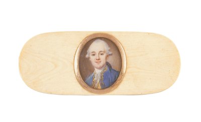 En gentleman, som sägs vara Sir Robert Ainslie, Bt., placerad i locket på en låda (akvarell på elfenben) av French School