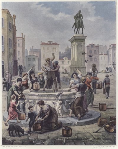 En grupp kvinnor samlar vatten från en brunn i Venedig av French School