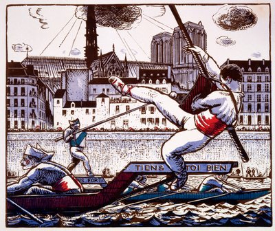 En tornerspelstävling vid en flodfestival på Seine, Paris, ca 1890-1920 (trätryck i färg) av French School