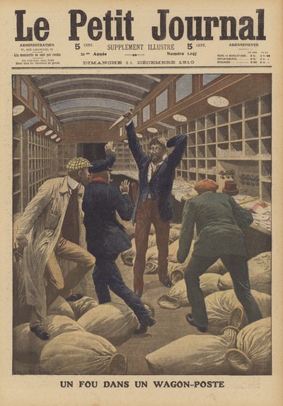 En galning i en postvagn på ett tåg som anländer till Paris (färg litho) av French School