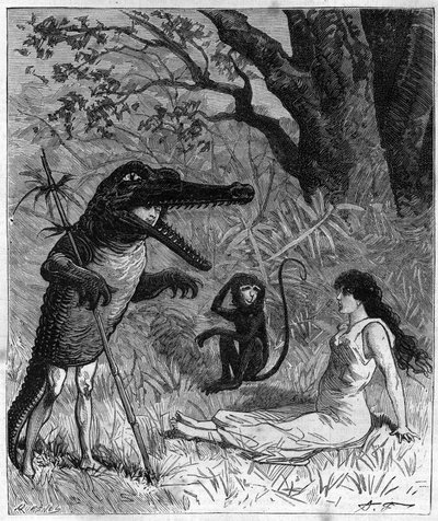 En man i krokodilskinn pratar med en ung kvinna som svimmat av en apa. Illustration av "" Resa runt sjömannen Biribis värld" av Theodore Labourieu och Saint Vrin (Saint-Vrin). Gravyr från 1880 i "La republique illustree"" av French School