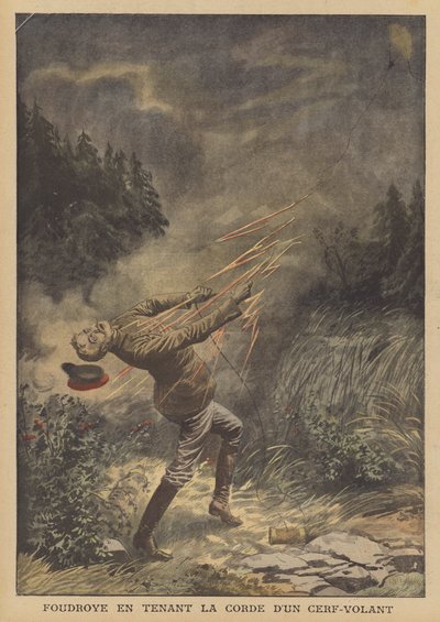En man dödad av blixten när han flög en drake (färg litho) av French School