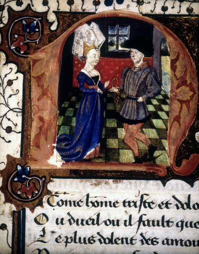 En man erbjuder en ring till en dam (lettrin "" n"). av French School