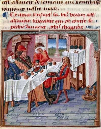 En man delar sitt bord med en fattig i nöd Miniatyr hämtad från "Le livre de bonnes moreurs de Jacques Legrand" 1490 Chantilly, Musee Conde av French School