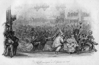 En maskerad bal på Parisoperan 1843. ("Le carnival"" sång av Marc-Antoine Madeleine Desaugiers) i "" - CHANS et CHANS POPULES DE LA FRANCE - 1843 - H.- L. DELLOYE, förläggare, LIBRAIRIE DE GARNIER. av French School