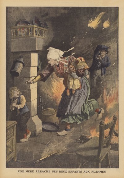 En mamma räddar sina barn från en brand (färg litho) av French School