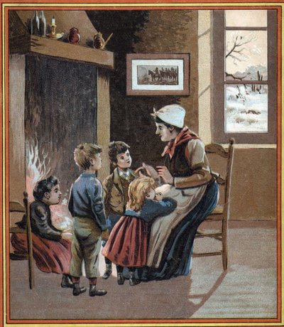 En mamma berättar historier för sina barn vid elden. Omslaget till boken "" Les tales du foyer pour les petits""". Anonym gravyr från 1800-talet. av French School