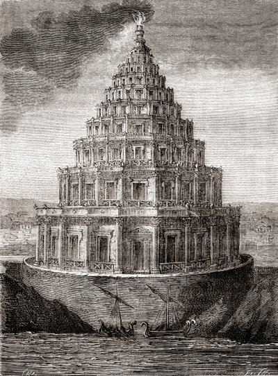 En imaginär skildring av 1800-talet av Fyren i Alexandria, alias Pharos av Alexandria, en fyr byggd av det ptolemaiska kungariket mellan 280 och 247 f.Kr., från 