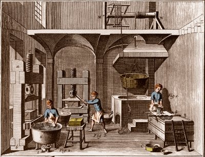 Ett pappersbruk - Brevpapper: Collage - "" The Great Encyclopedia, eller Dictionnaire Raisonne des Sciences, des Arts et des Metiers" (Encyclopedia or Dictionary of the Sciences, Arts and Professions) av Denis Diderot (1713-1784) och Jean d