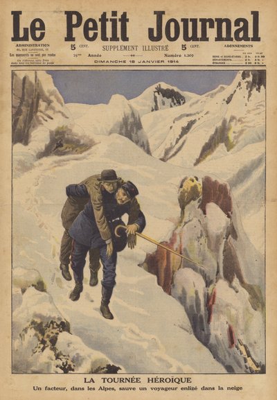 En brevbärare som räddar en resenär förlorad i snön i Alperna (färg litho) av French School