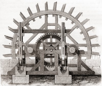 En pulverkvarn och dess vattenhjul, efter en teckning från 1800-talet, från Les Merveilles de la Science, publicerad ca 1870 (gravyr) av French School