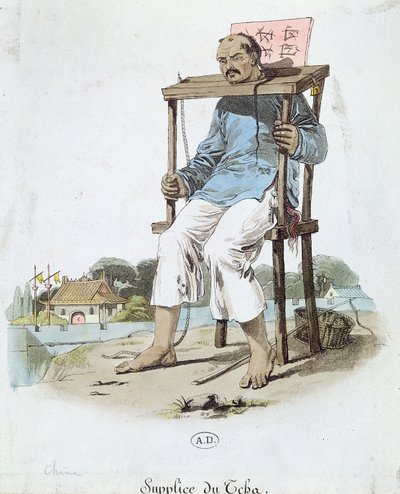 En fånge i Cangue i Kina, ca 1800 (färgstick) av French School