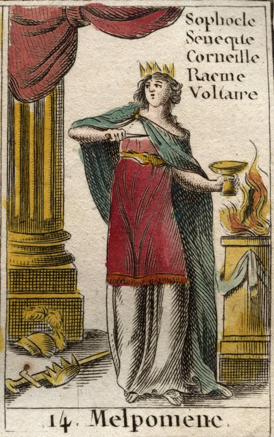 En representation av melpomene, musa av tragedin, hon bär en krona, en spira och en dolk, samt en kopp gift (Representation of Melpomene, Muse of Tragedy, med en krona, en tragisk mask, en kniv och en kopp av gift Från "Mythology of Youth" av av French School